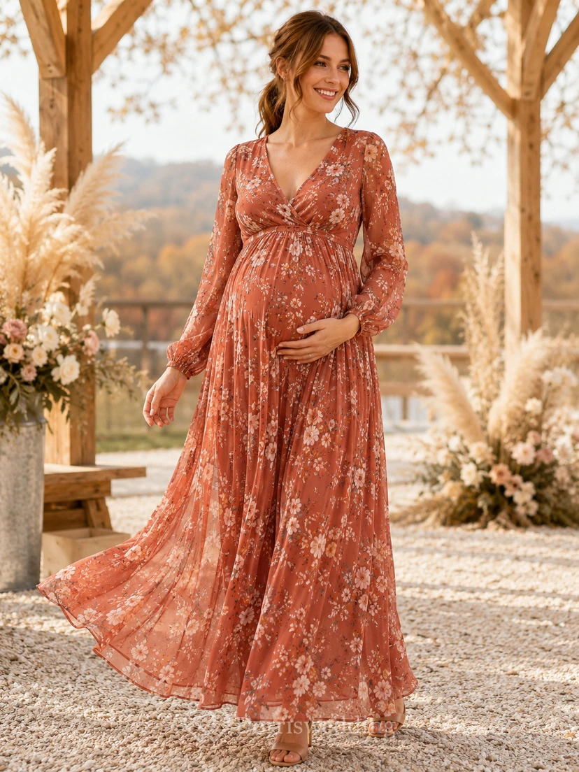 Orange V Neck Long Sleeve Floral Chiffon Floor Maternity Guest Gown