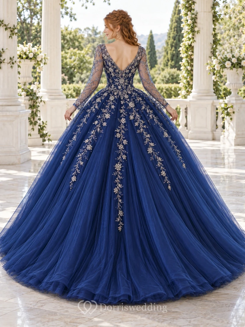 Vestido de quinceañera de tul bordado con cuello en V y mangas largas, color azul marino oscuro view 2