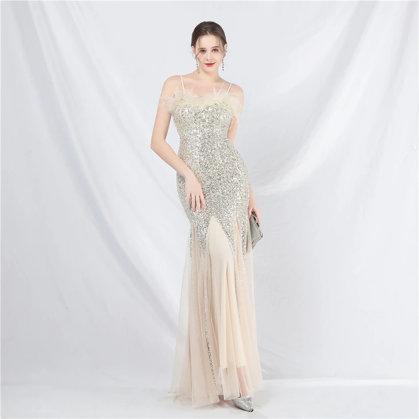 Craft Ostrich Feather Mesh Sequined Long Evening Dress view 14