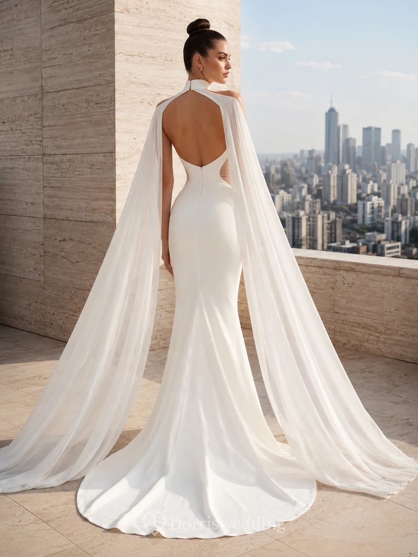 Dekoratives, fließendes Abendkleid aus Satin mit Neckholder, Cape-Ärmeln, Meerjungfrauen-Schleppe und Kapellenschleppe view 2