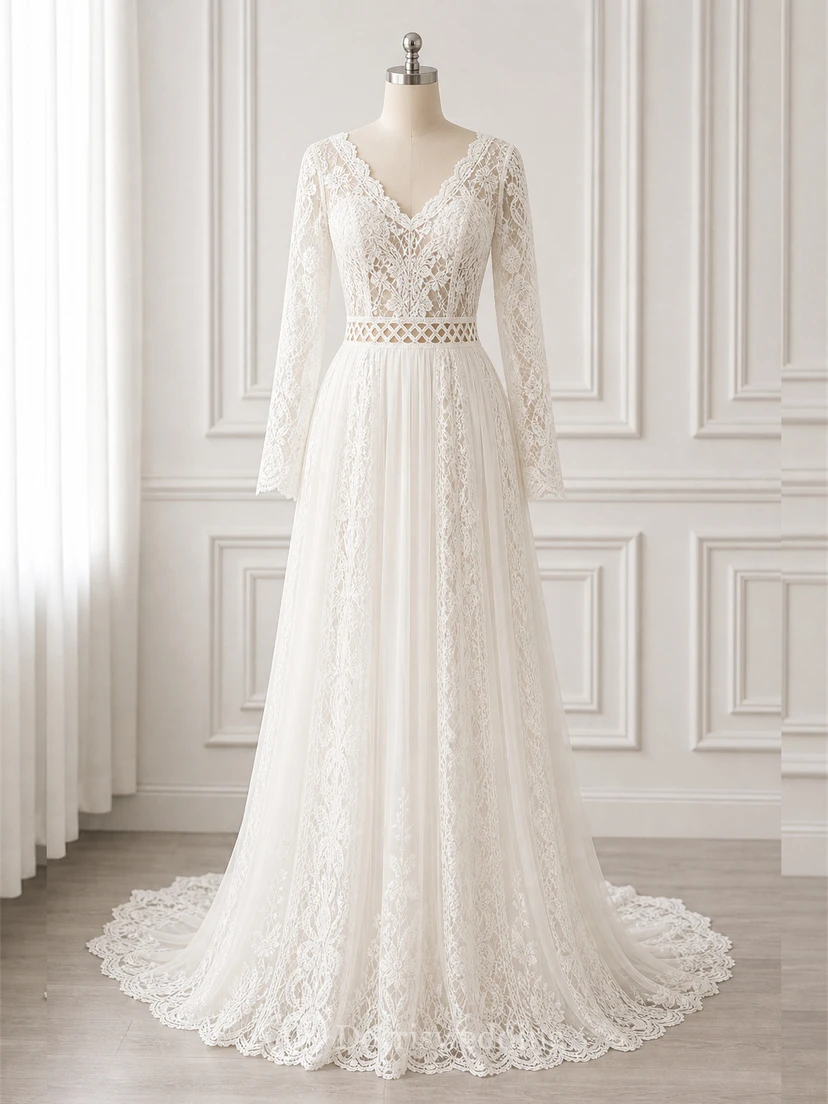 Vestido de novia sencillo de manga larga y modesto | Vestido de novia bohemio de encaje para ceremonia civil view 9
