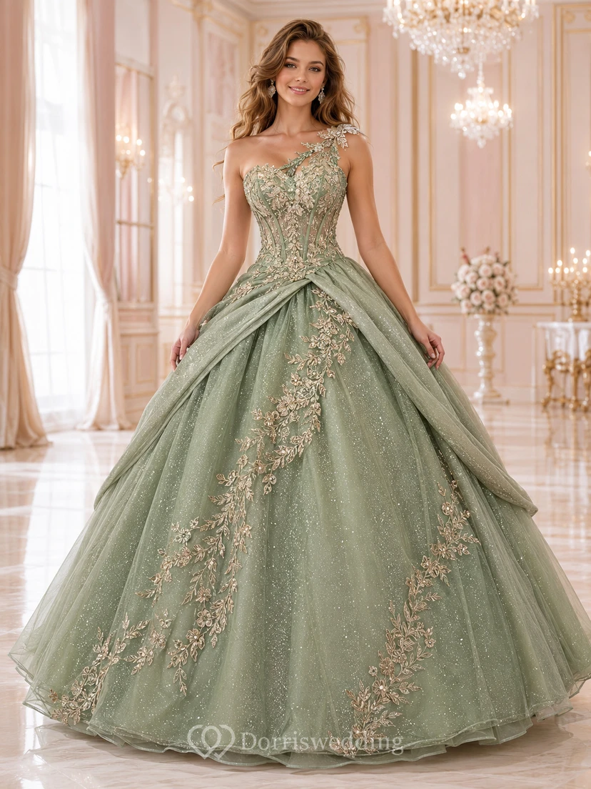 celadon Champagne Luxury One Shoulder Layered Embroidered Quinceanera Princess Ball Gown