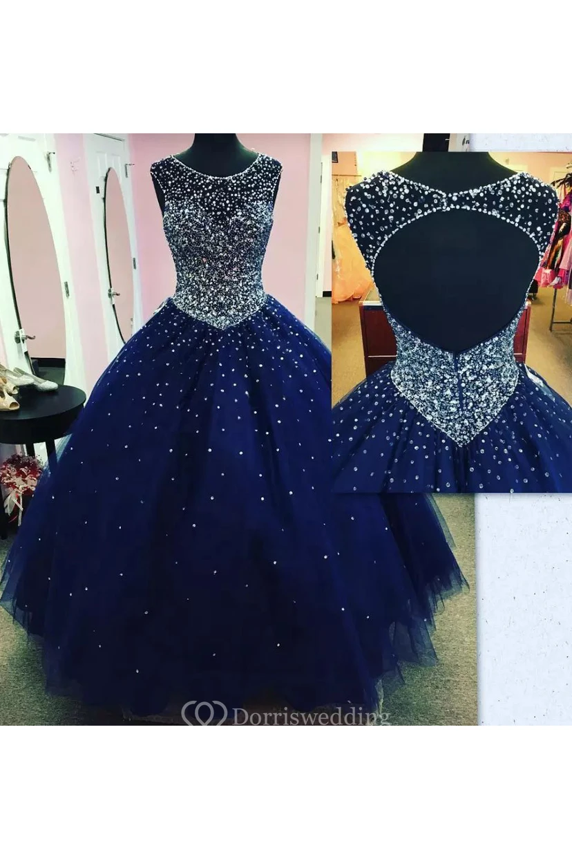 Bateau-Ballkleid, bodenlang, ärmellos, aus Tüll, mit Reißverschluss und Schlüssellochausschnitt am Rücken
