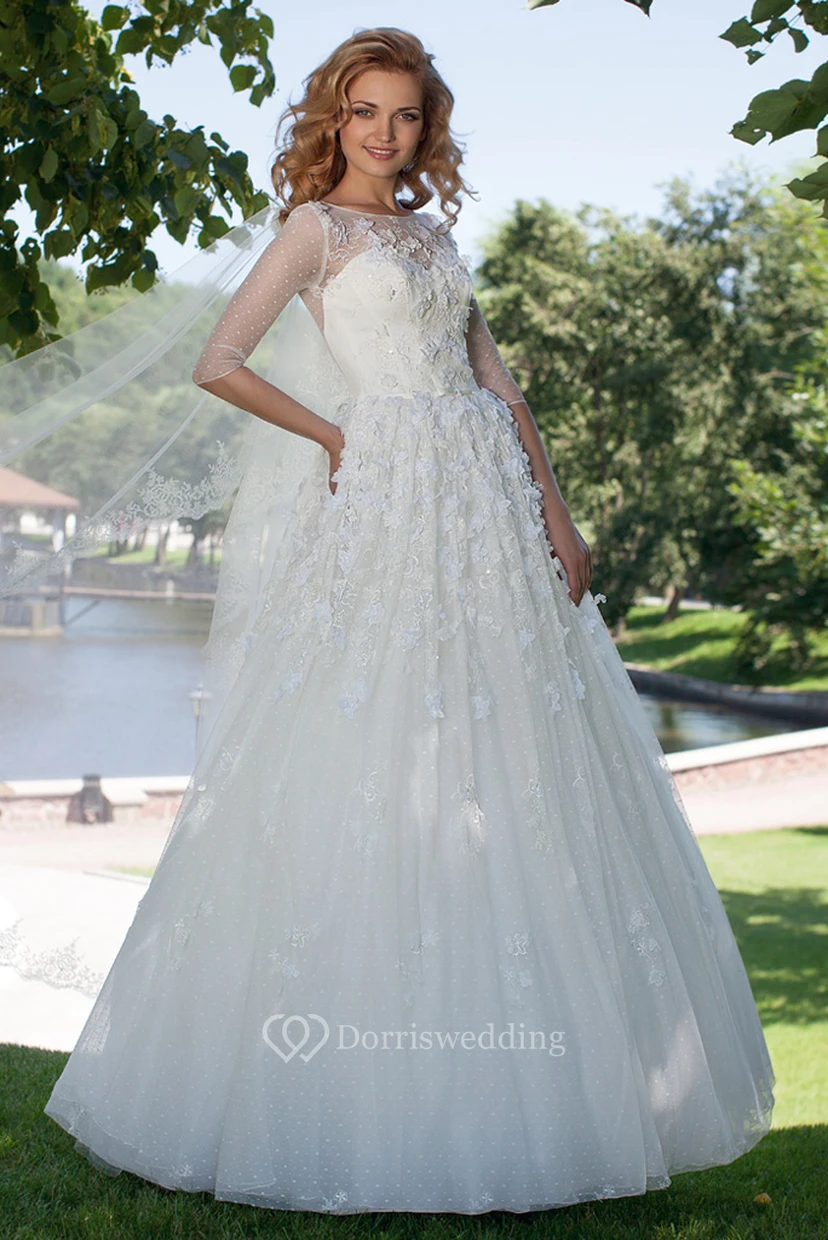 A-Line Appliqued Bateau Neck Half Sleeve Tulle Wedding Dress view 6