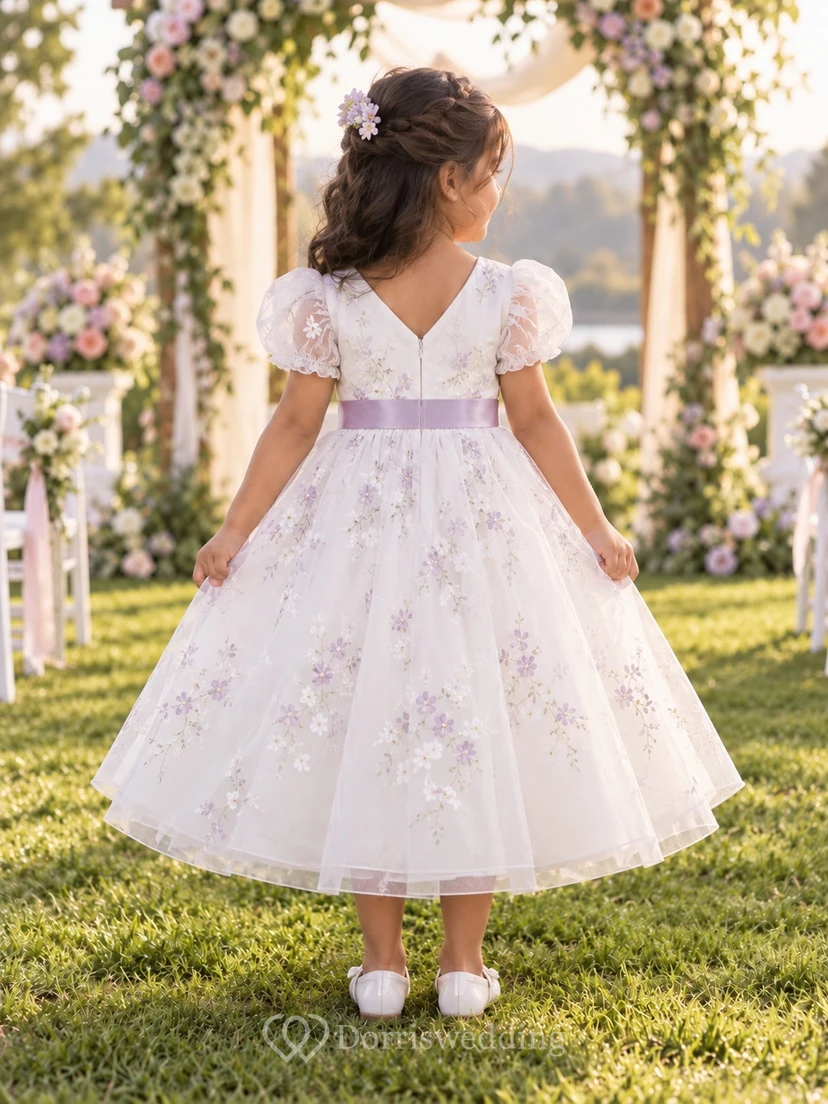 Teelanges elfenbeinfarbenes A-Linien-Kleid aus floralem Tüll mit V-Ausschnitt, Puffärmeln und lavendelfarbener Schärpe für Blumenmädchen view 2