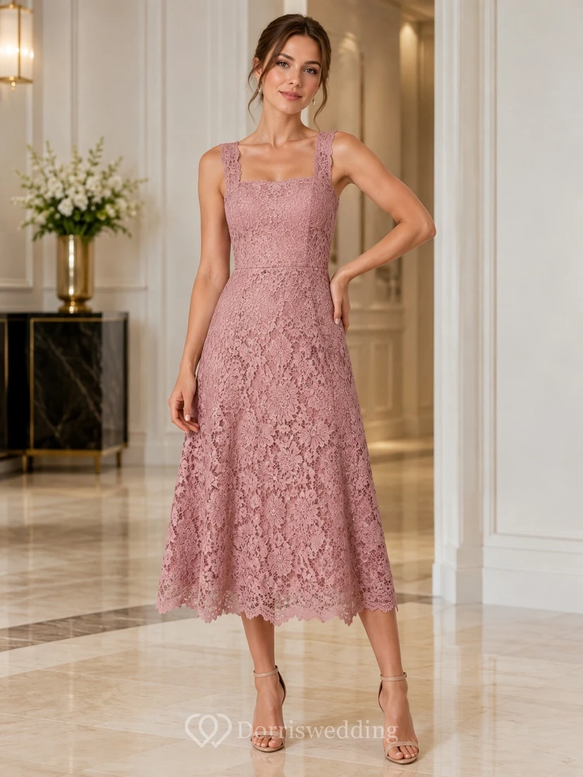 Mauve Lace Straps A-Line Tea-length Elegant Bridesmaid Dress