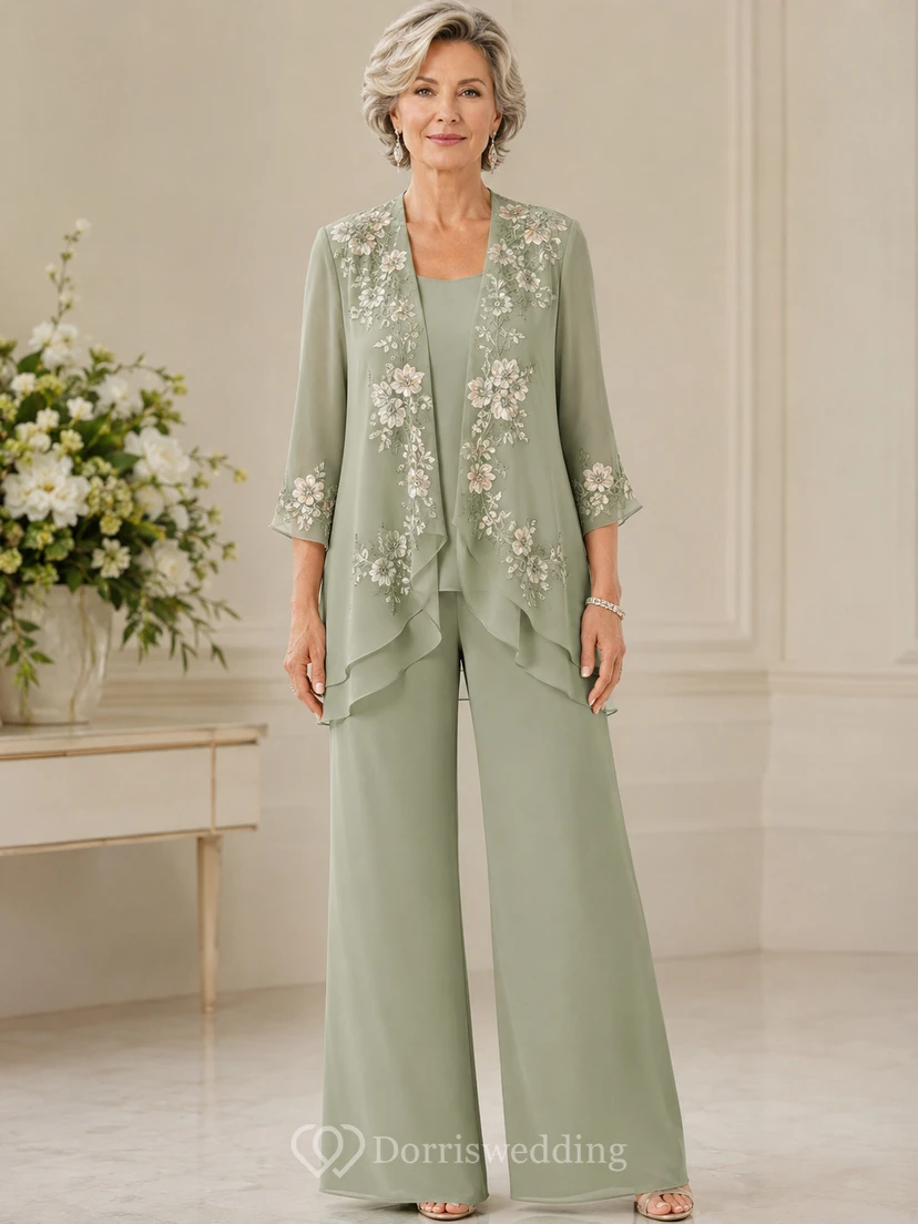 Sage Floral Embroidered Mother Pantsuit Sage Scoop Jewel Jumpsuit Ankle-length
