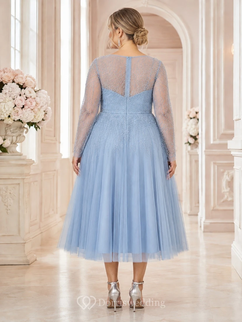 Plus Size Teelänge Langarm Illusion Tüll A-Linien-Kleid view 2