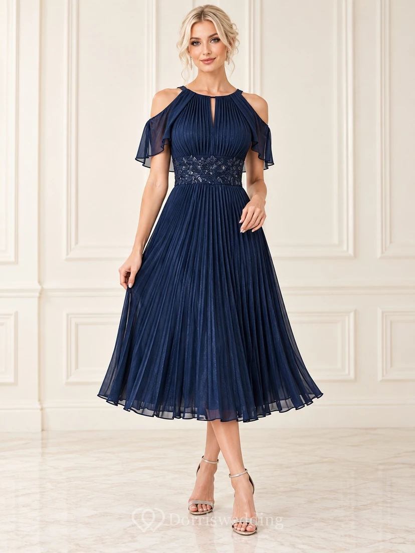 Tea-length Dark Navy Keyhole Cutaway Shoulder Beaded Waist Formal Dress