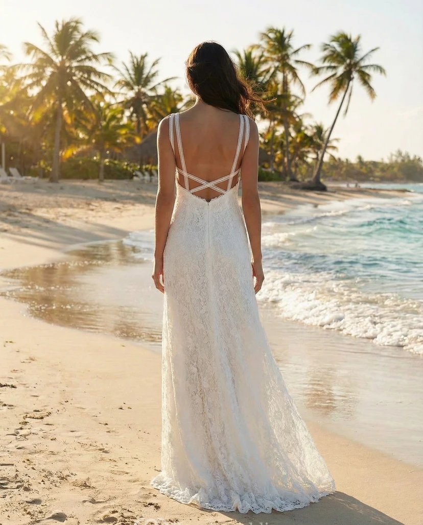 Robe de mariée fourreau en dentelle style plage, col montant et fente sur le devant view 2