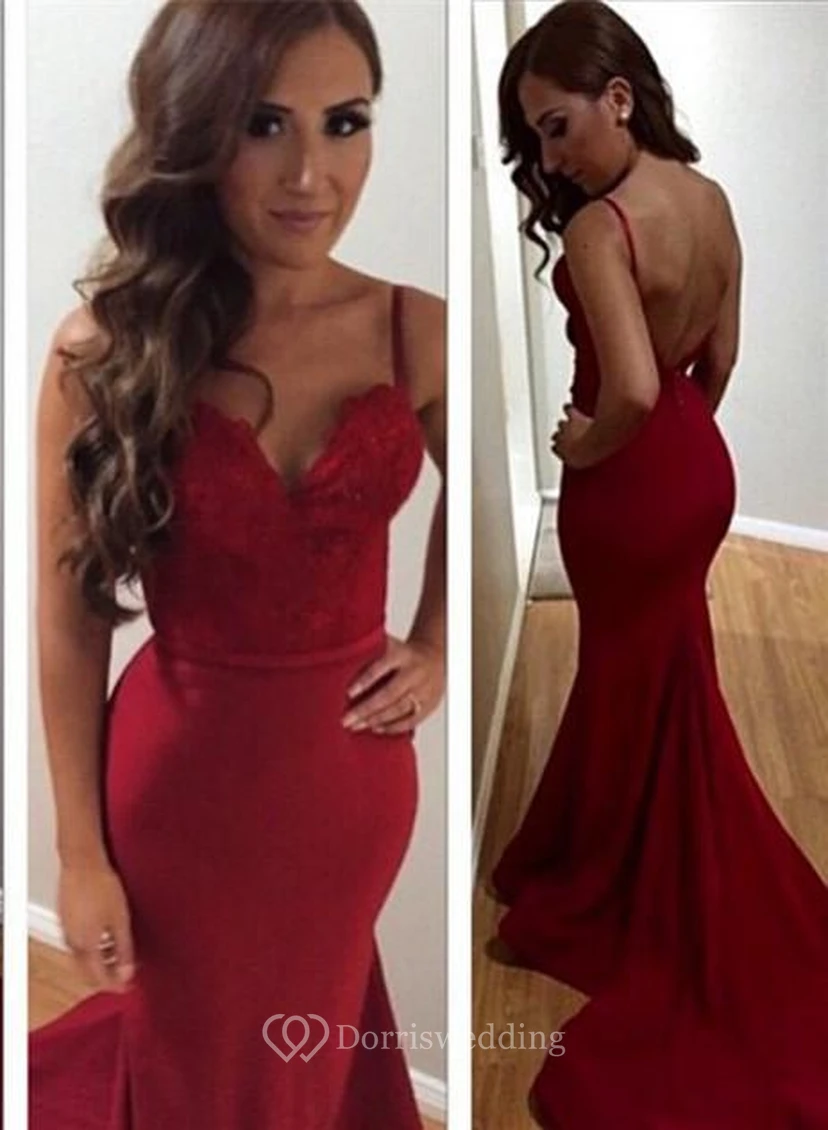 Magnifique robe de bal à fines bretelles, robe de soirée sirène avec applications de dentelle