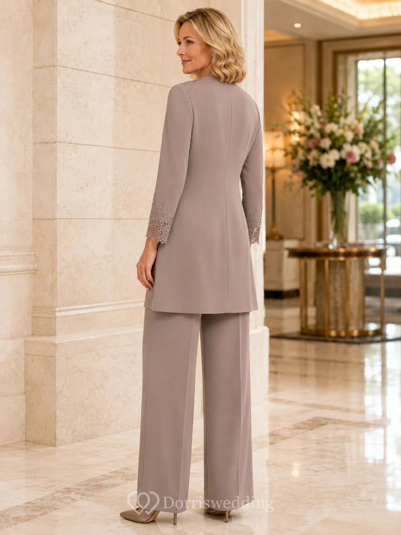 Taupe Mother Jumpsuit with V-Neck Long Jacket and Wide Leg Pants view 2