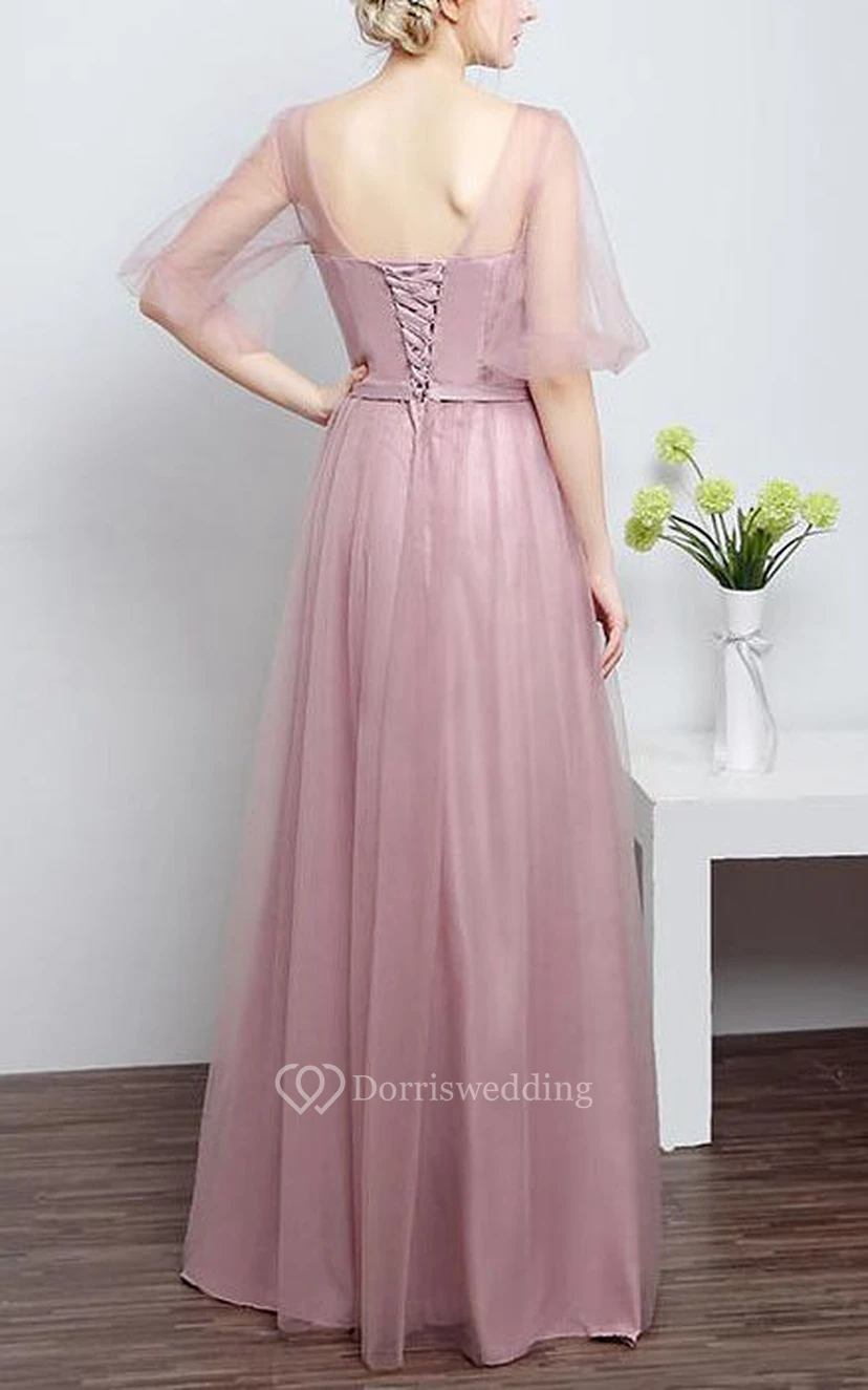A-line Bow Flower Sash Tulle Illusion Dress view 2