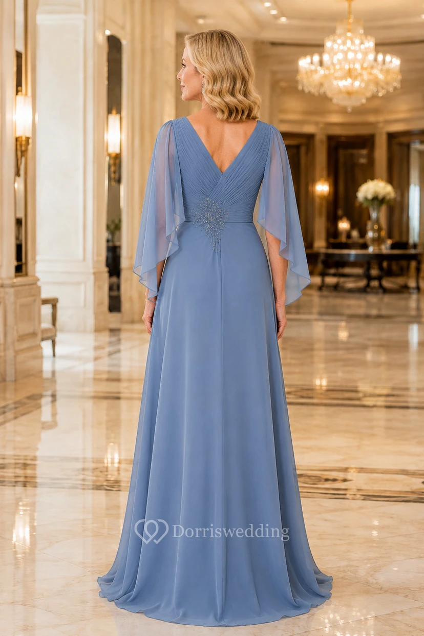 Große Größe, stahlblaues Chiffon-Kleid mit Cape-Ärmeln, V-Ausschnitt und perlenbesetzter Taille view 2