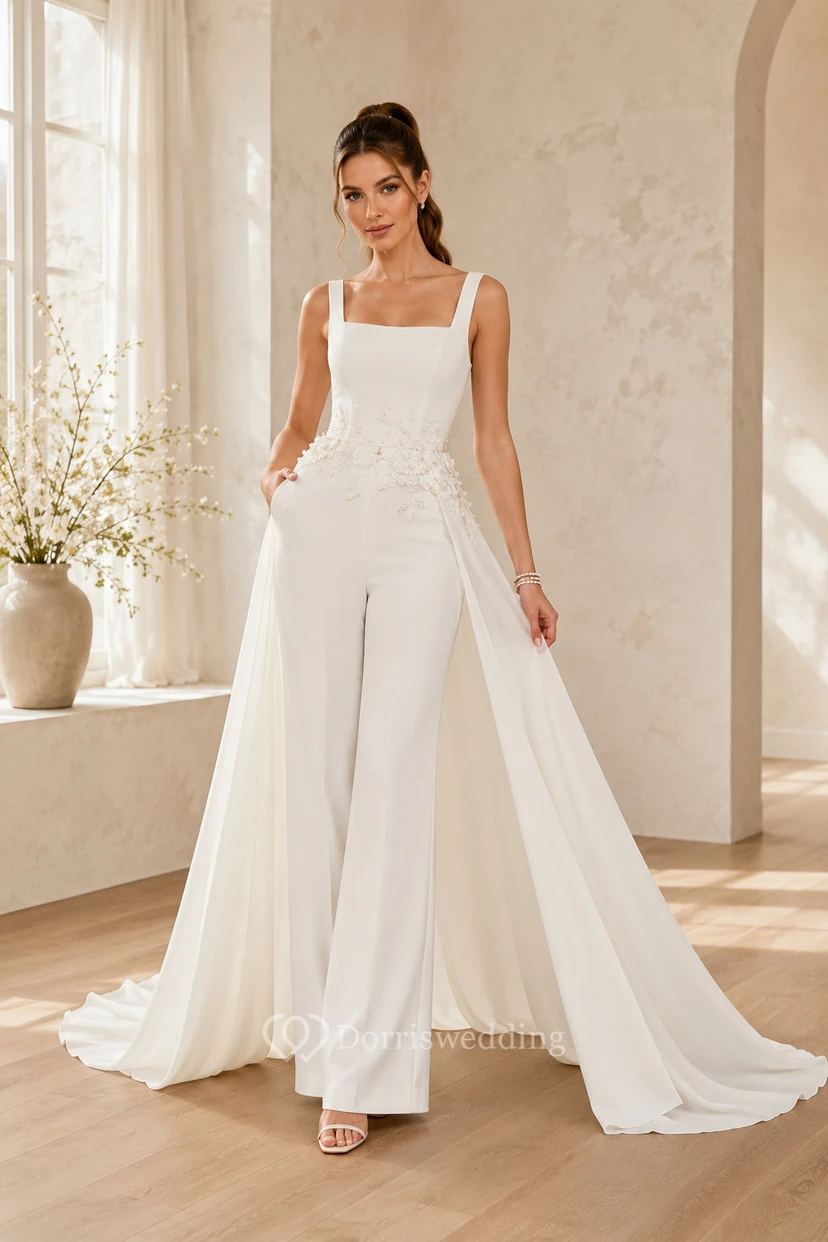 Combinaison de mariée blanche à encolure carrée et traîne