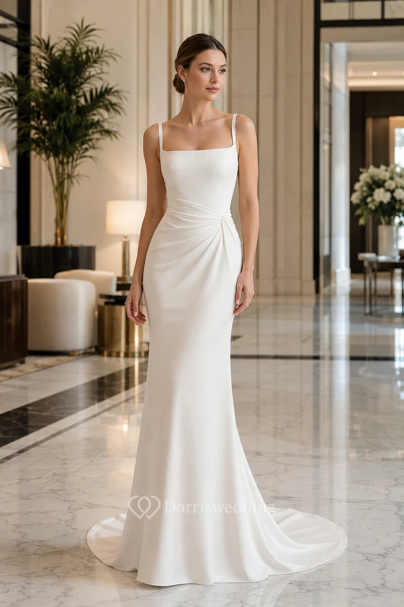 Square Neck Satin Mermaid Wedding Dress with Side Draping