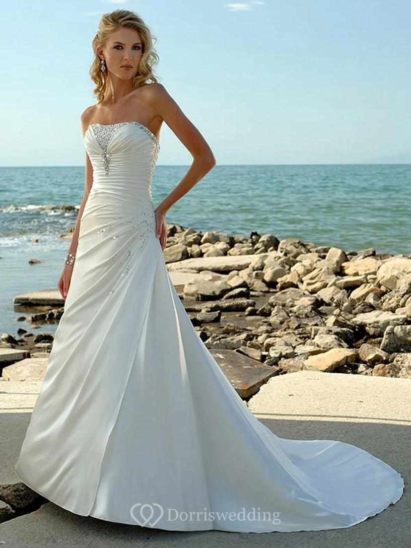 A-line Strapless Court Train Satin Beading Wedding Dresses Styles