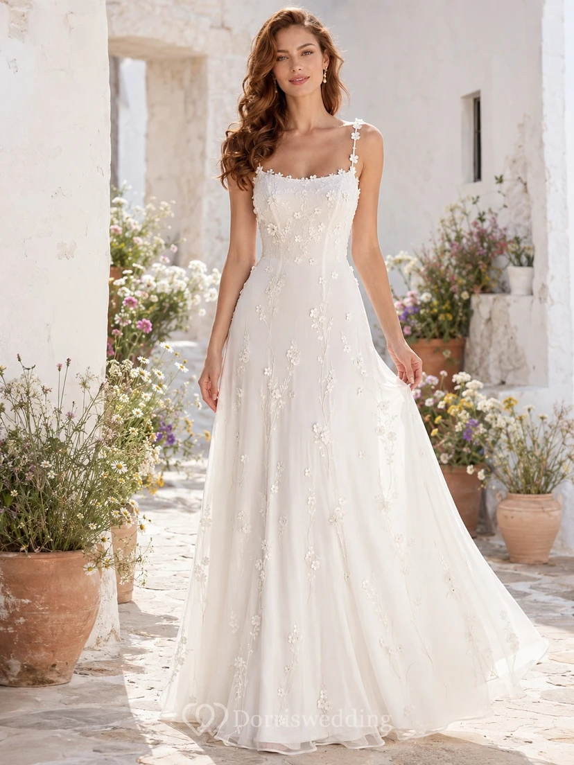 Romantic White Floral Lace Straps Sleeveless Tulle A-Line Sweep Train Dress