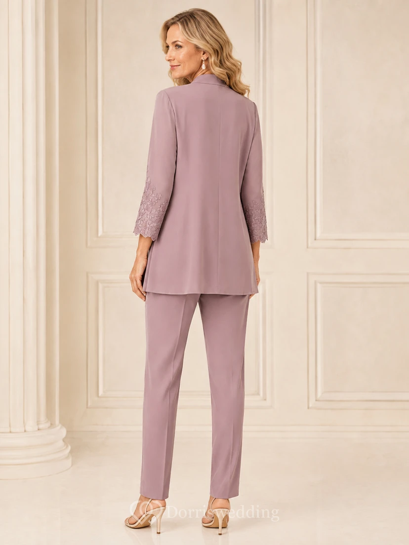 Vintage-Mauve-farbener, romantischer, dreiteiliger Hosenanzug mit langer Spitze und knöchellangem Blazer – perfekt für die Mutter der Braut. view 2