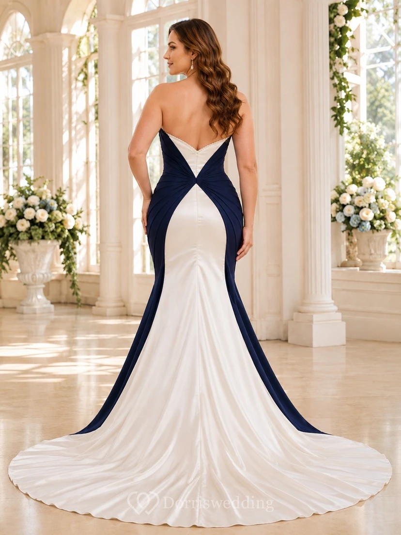 Marineblaues, farblich abgesetztes Meerjungfrauen-Brautkleid mit herzförmigem Ausschnitt, ärmellos, aus Stretch-Satin, modern view 2