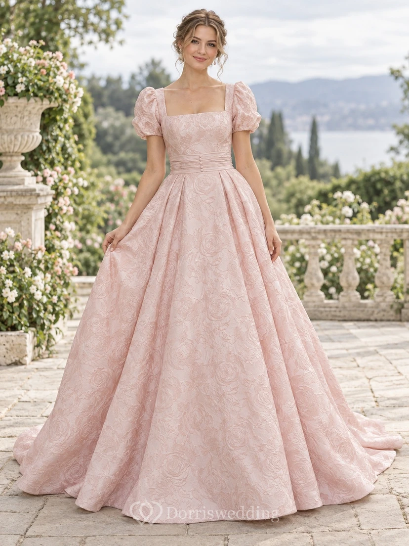 Robe de mariée de bal rose poudré à col carré, manches bouffantes et jacquard intégral