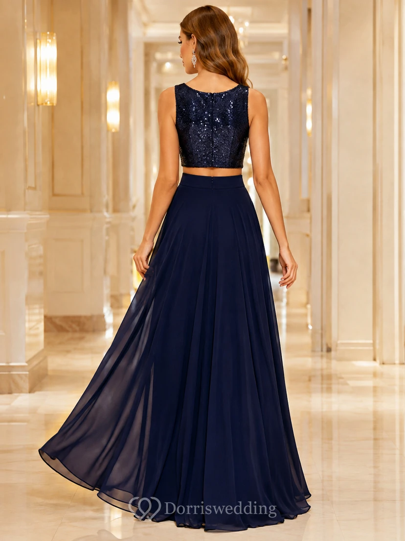 Dark Navy Two-Piece Scoop Straps Sequin Chiffon Floor Formal Gown view 2