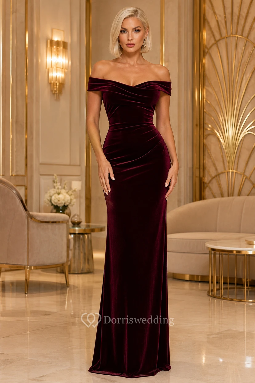 Robe de soirée sirène grande taille en velours bordeaux à épaules dénudées et jupe longue