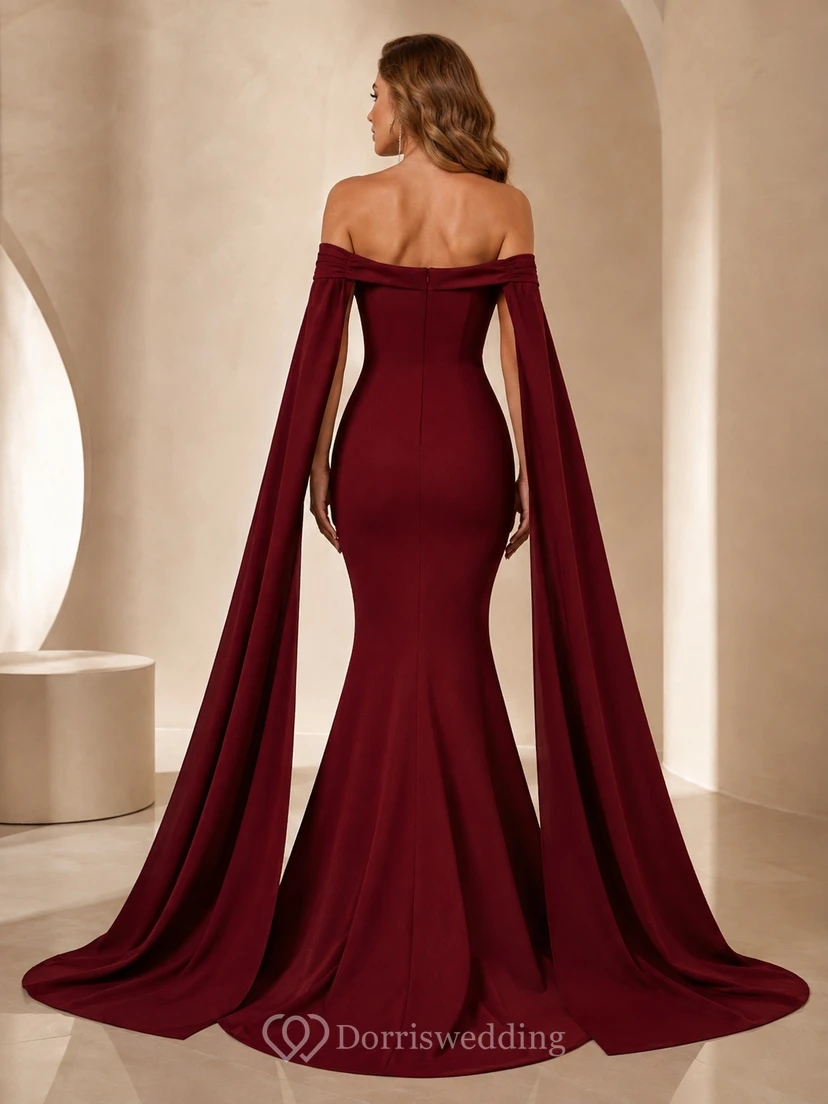 Robe de soirée sirène bordeaux à épaules dénudées et traîne balayée view 2
