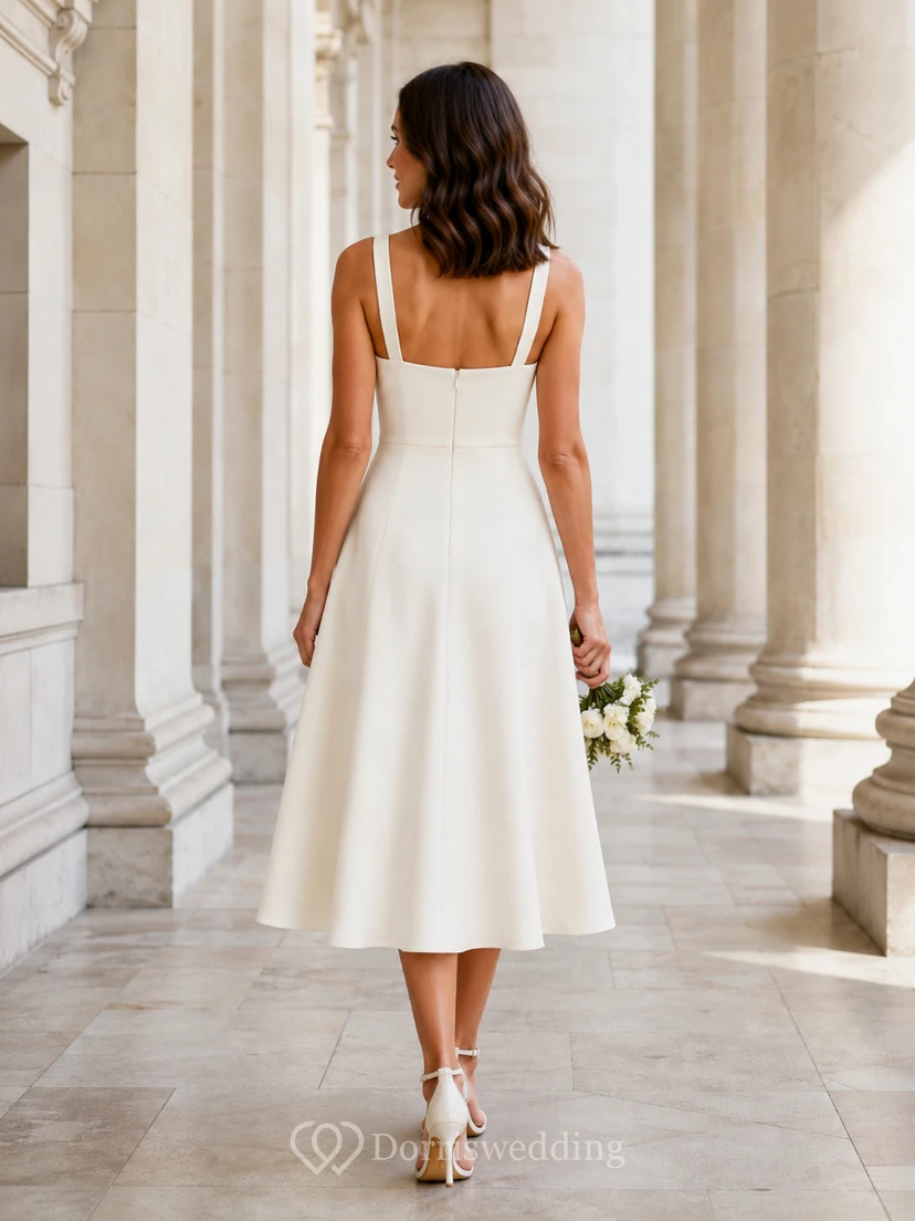 Simple Square Neck Satin Wedding A Line Strap Midi Elopement Dress view 2