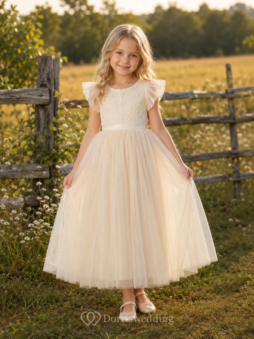 Modest Romantic Country Lace Tulle Flower Girl Tea-Length Petal Sleeve Garden Dress