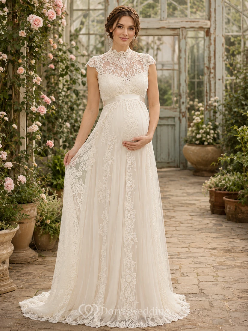 Vestido de novia premamá de cuello alto, manga corta, encaje y tul, estilo jardín, con espalda ilusión.