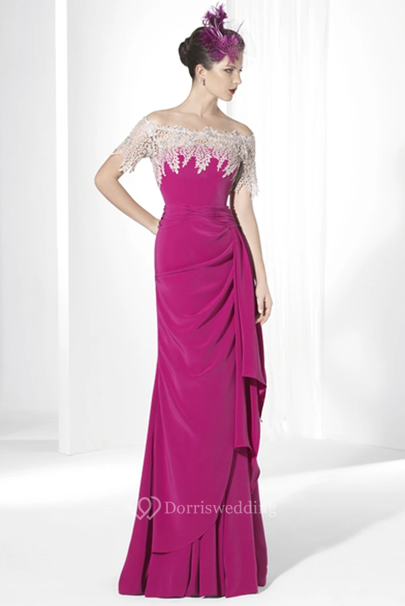 Sheath Short-Sleeve Off-The-Shoulder Side-Draped Maxi Jersey Prom Dress With Appliques