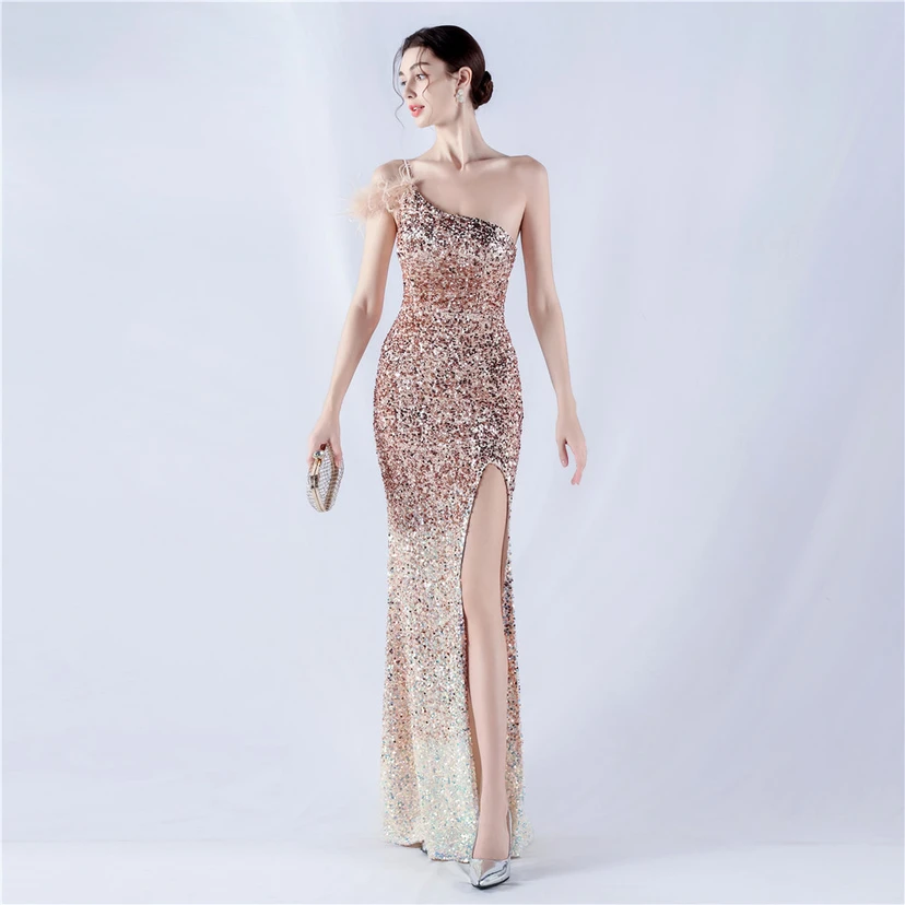 Gradient Velvet Bottom Sequins Craft Beading Ostrich Hair One-Shoulder Oblique Collar High-Slit Evening Dress view 52