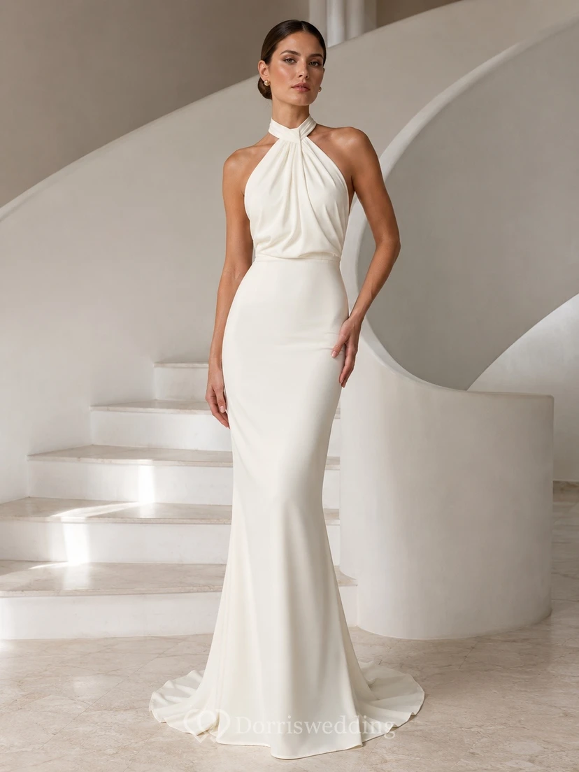 Vestido de fiesta blanco sensual de satén sin mangas con escote halter y cola de sirena