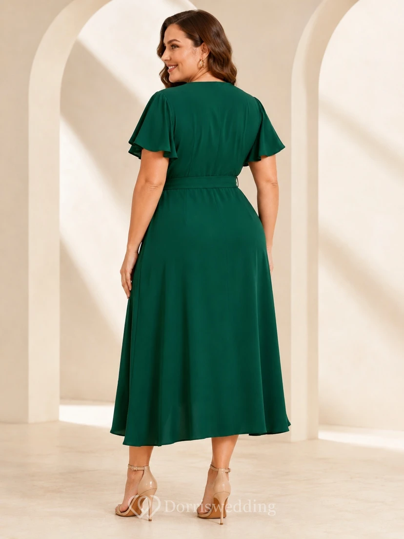 Dunkelgrünes Wickelkleid in A-Linie mit V-Ausschnitt, flatternden Ärmeln und asymmetrischem Saum in Übergröße view 2