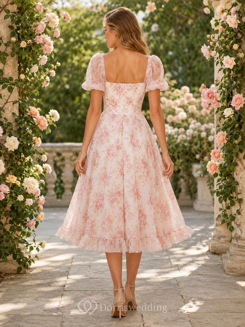 Robe de fiançailles rose à fleurs, col carré, manches bouffantes, longueur thé view 2