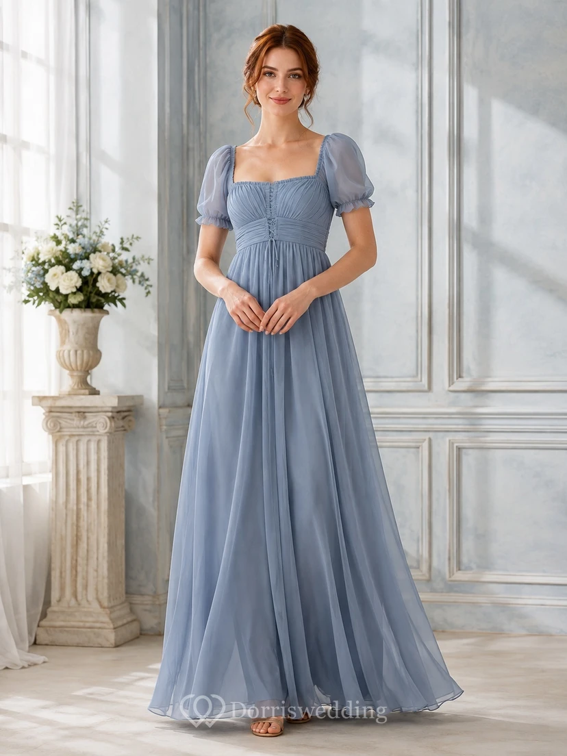 Romantic Slate Blue Square Neck Puff Sleeve Chiffon A-Line Floor-Length Formal Dress