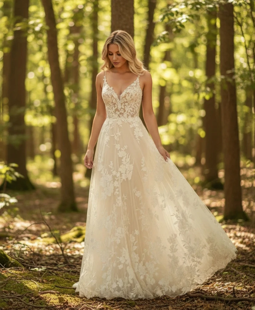 Robe de mariée bohème en dentelle florale, coupe trapèze, bretelles spaghetti et décolleté en V