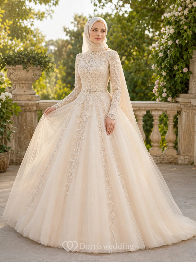 Vestido de novia de gala de tul con cuello alto y encaje musulmán color champán
