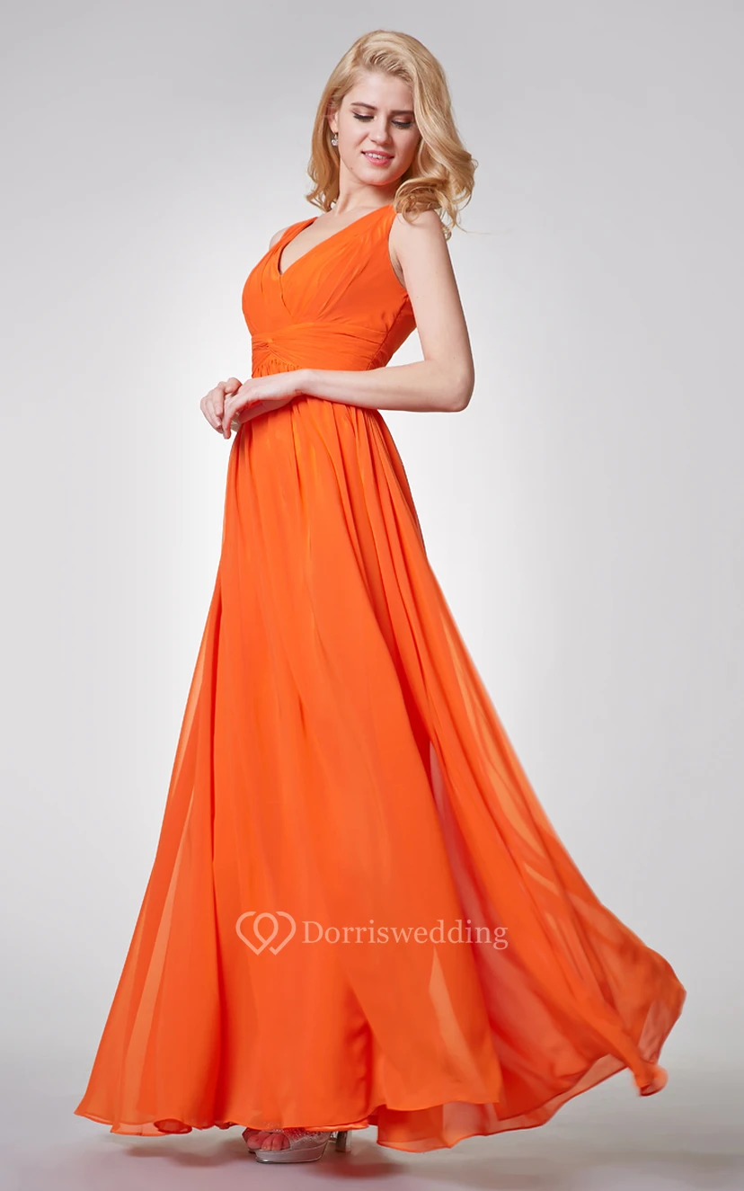 V-neck Pleated A-line Long Chiffon Dress With Ruched Waist view 2