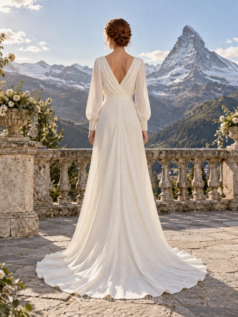 Vestido de novia sencillo de corte A con escote en V, mezcla de lino, mangas largas y cola fruncida. view 2