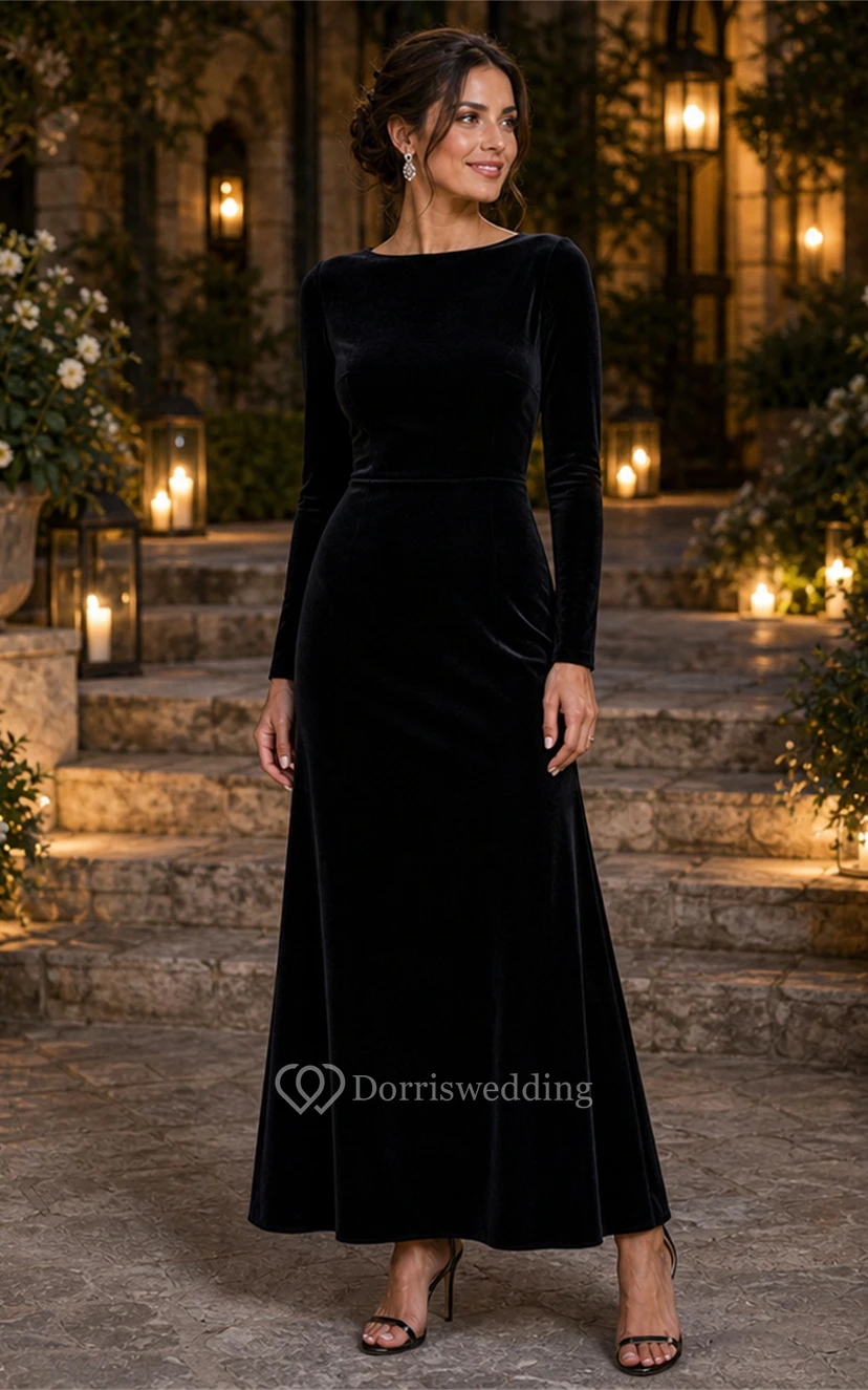 Black Velvet Long Sleeve Backless Floor-Length Dress