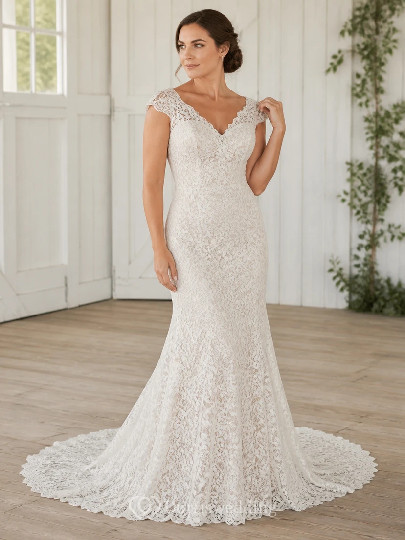 Vestido de novia de encaje estilo catedral con escote en V festoneado y mangas cortas, corte sirena y mangas modestas