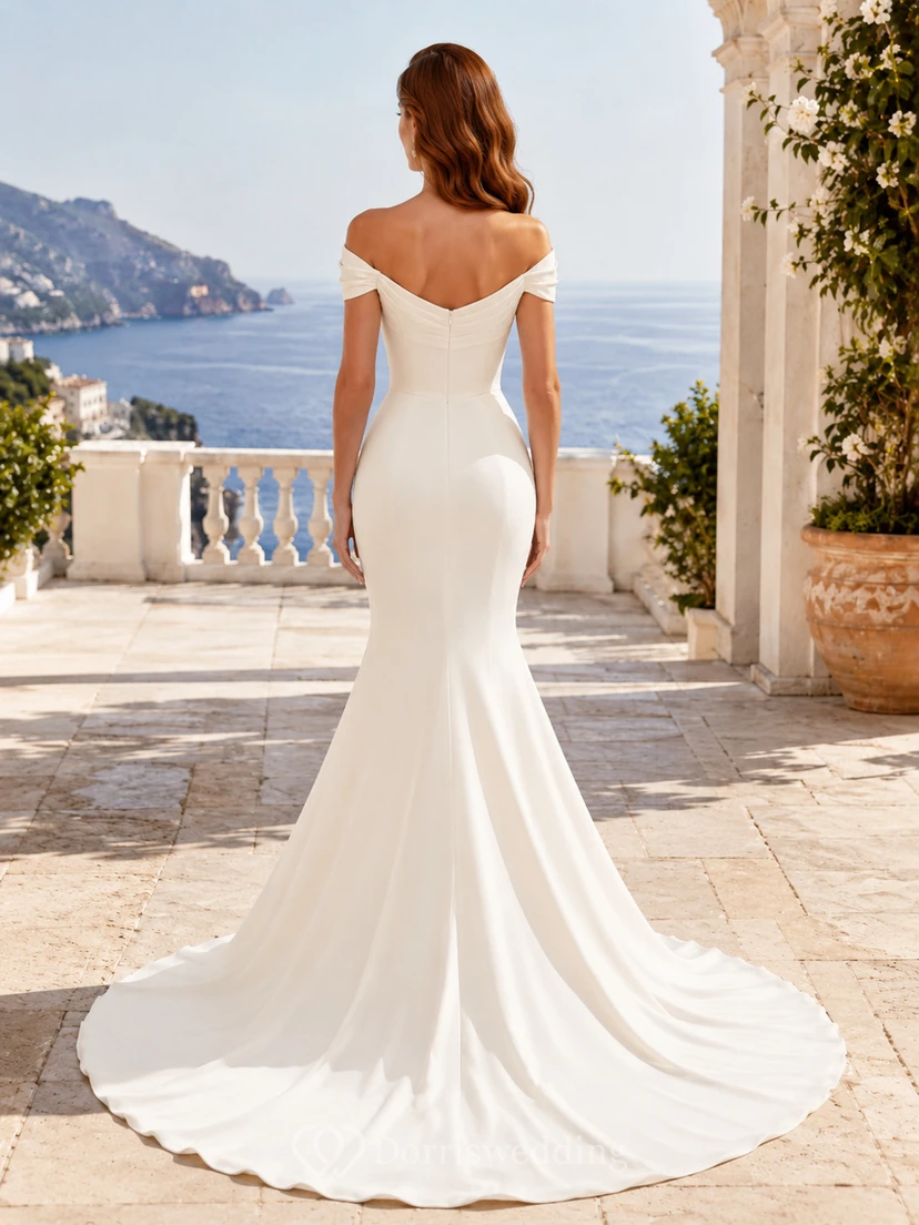 Minimalist Satin Wedding Dress Mermaid Off Shoulder Sweep Train Bridal Gown view 2