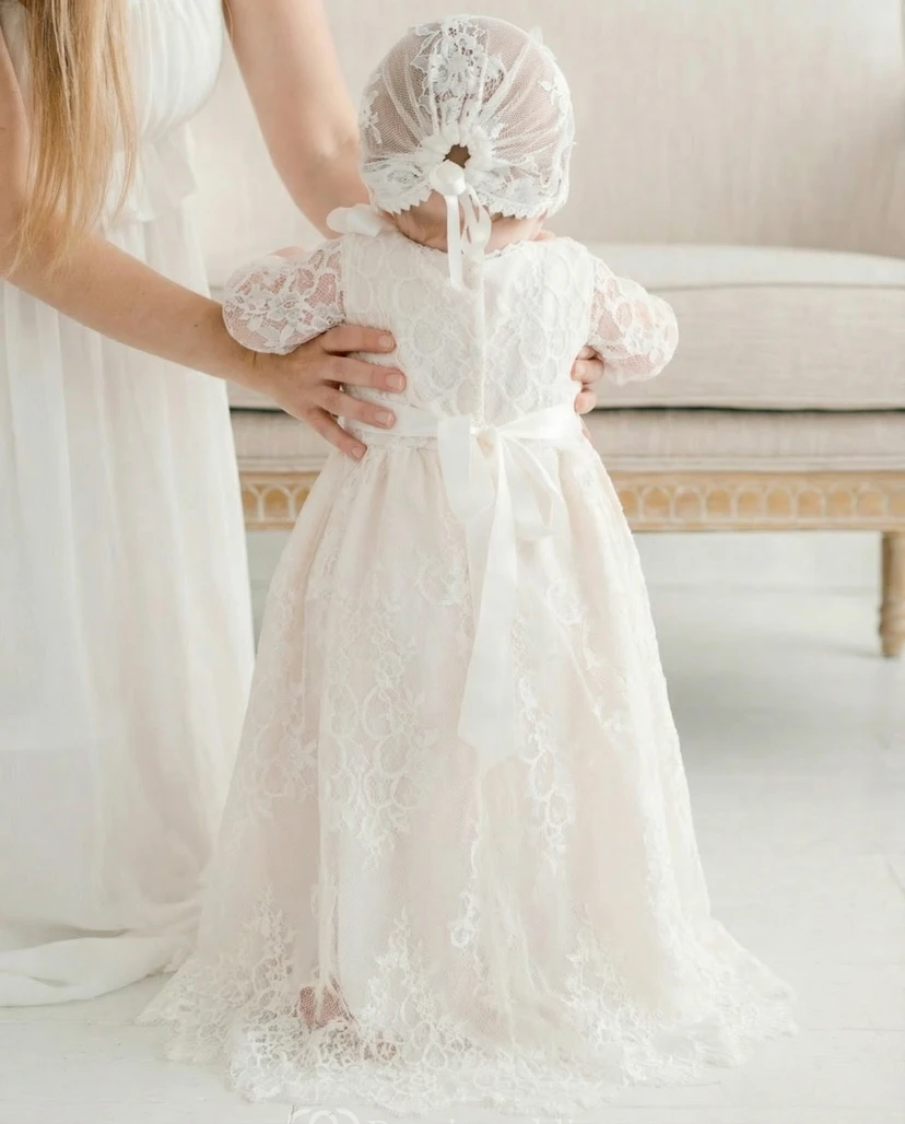 Vestido blanco de manga larga para niña de las flores, vestido de bautizo de encaje y tul. view 2
