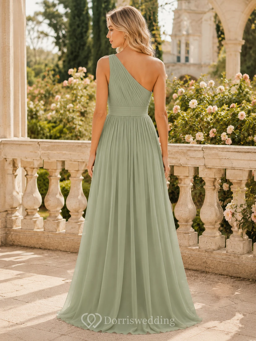 Sage One Shoulder Chiffon Summer Wedding Gown view 2