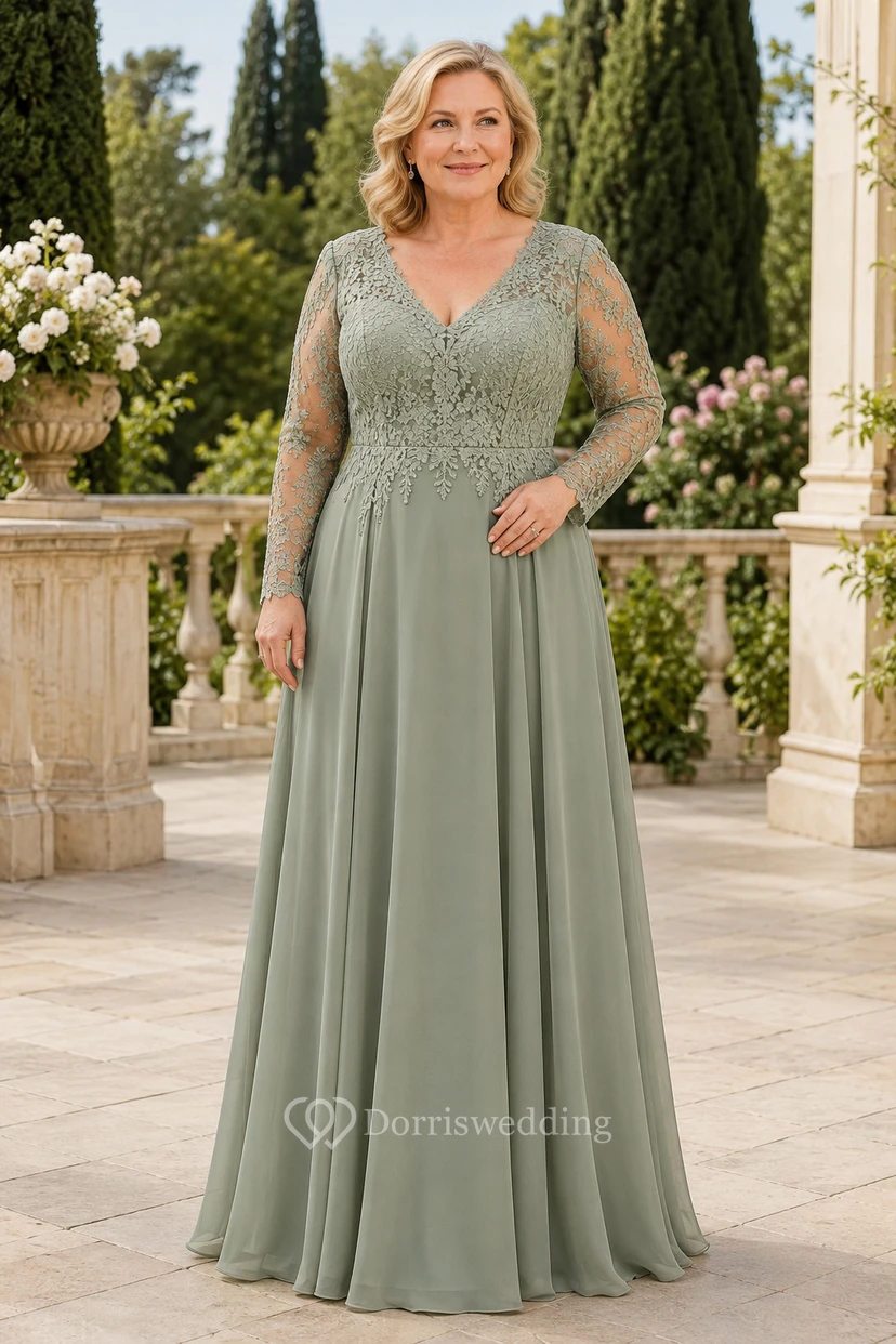 MOB-Kleid aus salbeigrünem Chiffon mit Spitze, A-Linie, langen Ärmeln, V-Ausschnitt, bodenlang