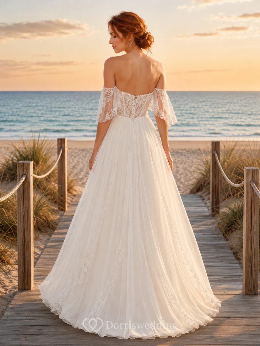 Boho Off Shoulder Flutter Lace Chiffon A Line Sweep Beach Wedding Gown view 2