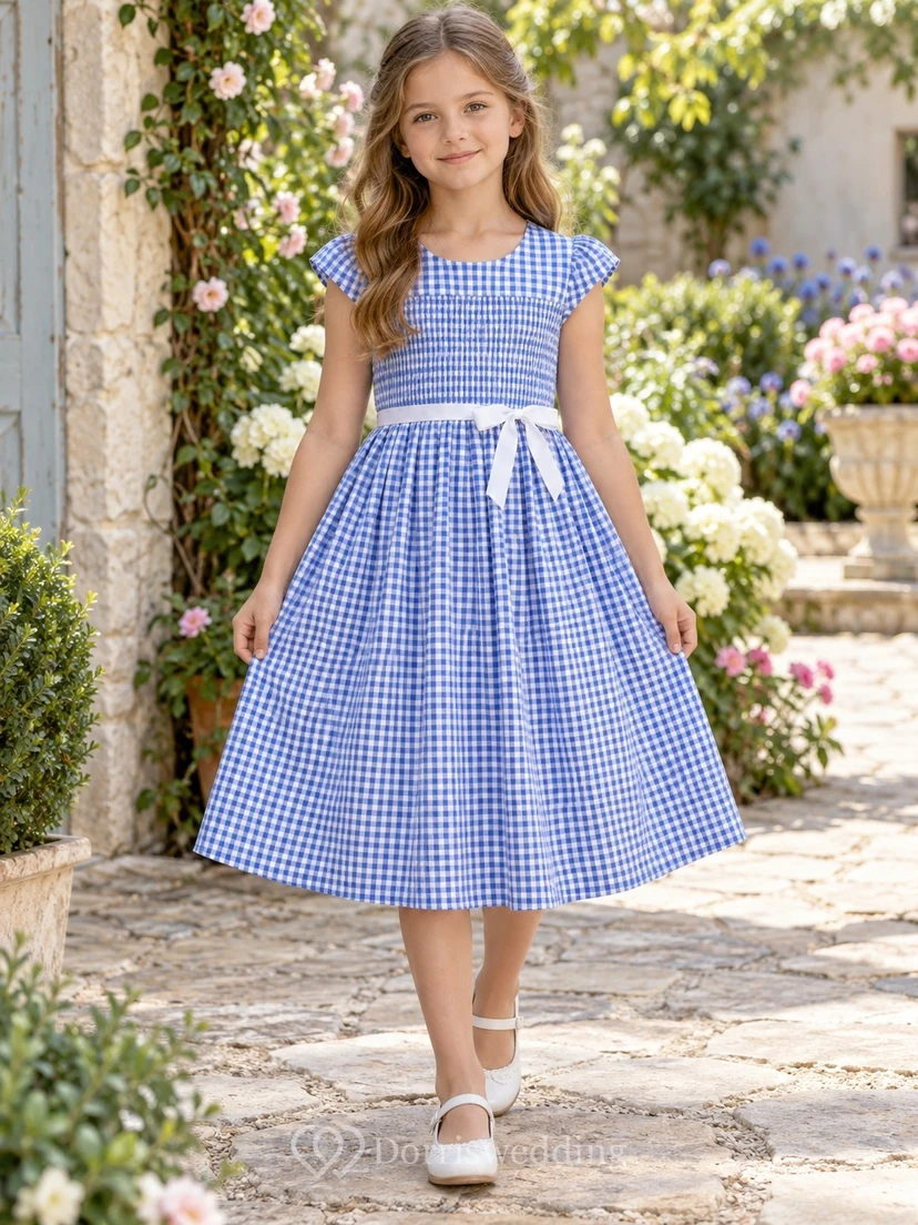 Country Tea-length Blue Scoop Neck Cap Sleeve Gingham Cotton Flower Girl Dress