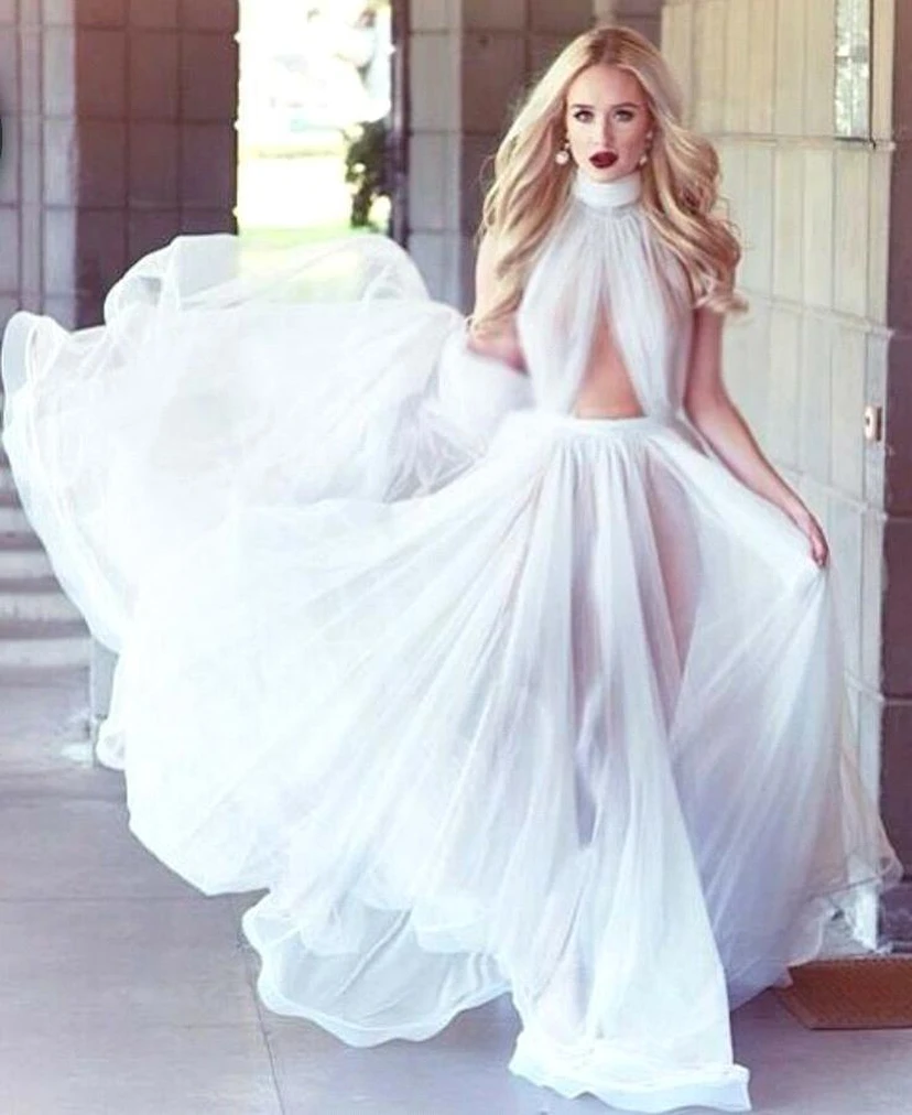 Elegant White High-Neck Prom Dresses Long Evening Party Gowns